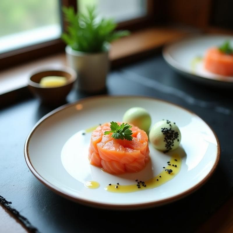 Tartar de Salmón Ahumado con Helado de Wasabi y Sésamo: Aperitivo Japonés Innovador