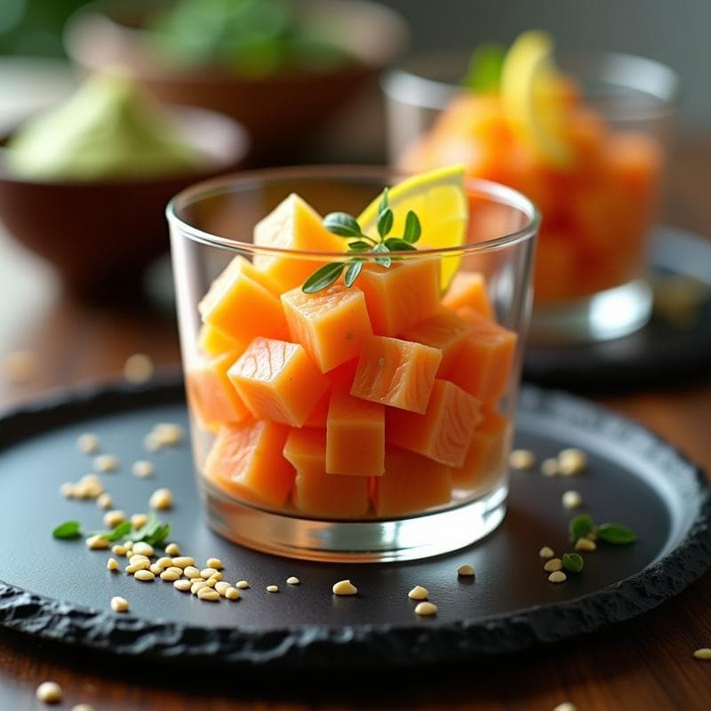 Tartar de Salmón Ahumado con Mango y Vinagreta de Wasabi: Receta Japonesa en 10 Minutos