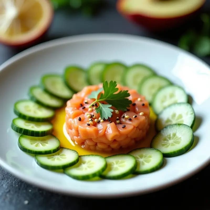 Tartar de Salmón Ahumado y Maracuyá con Crudités de Pepino: Entrante Gourmet en 10 Minutos