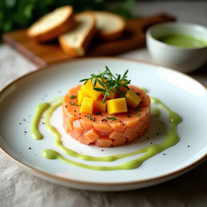 Tartar de Salmón con Mango y Salsa de Wasabi: Entrante Francés de Fusión en 10 Minutos