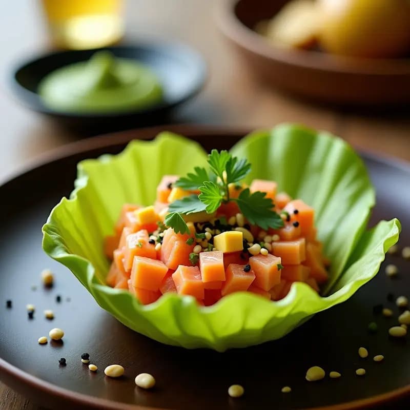 Tartar de salmón con mango y salsa de wasabi: Aperitivo tailandés-japonés frescos y crujiente