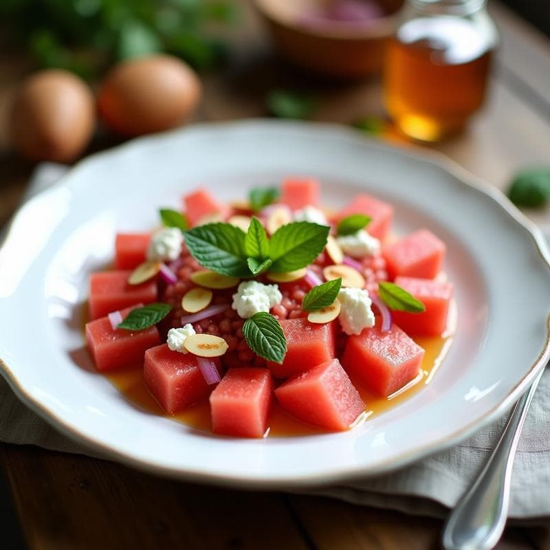 Tartar de Sandía y Queso Feta con Piparras: Receta Fresca de Verano en 15 Minutos