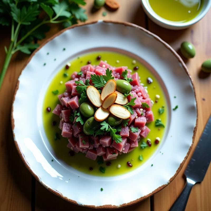 Tartar de Tomate Verde y Aceitunas Kalamata: Receta Griega Cruda con Vinagreta de Orégano