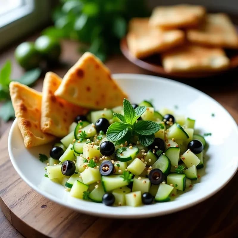 Tartar de Tomate Verde y Pepino: Receta Libanes Vegana con Pan de Pita Integral