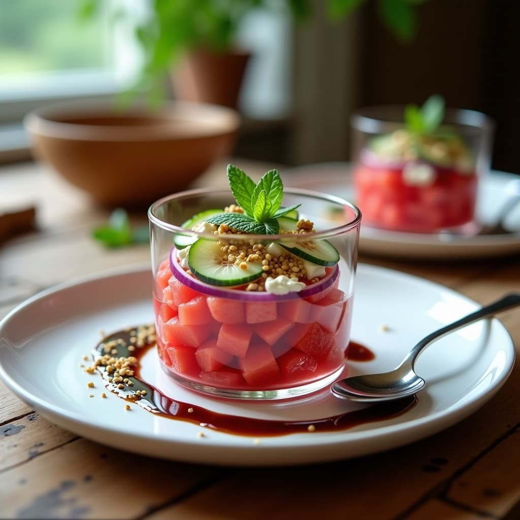 Tartar de Watermelon y Queso de Cabra con Reducción de Vinagre Balsámico: Aperitivo Vegano Frío-Caliente