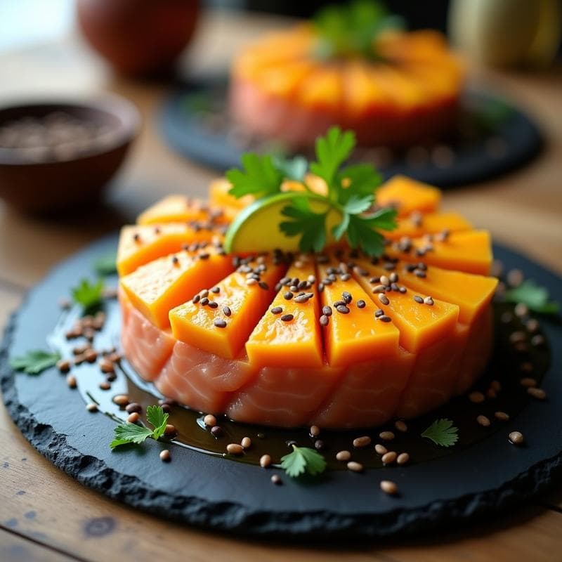 Tártara de Mango y Salmón crudo: entrada fresca con topping de sésamo negro