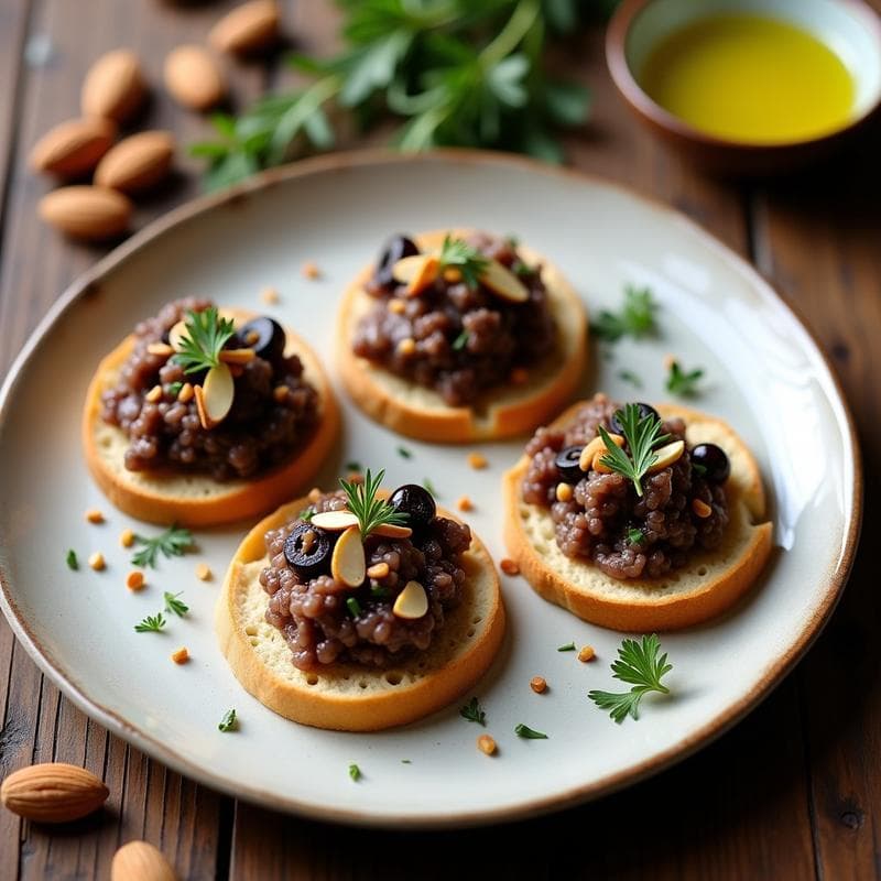 Tartare de Champiñones y Aceitunas Kalamata: Entrante Grecia Vegano y Crudivegano