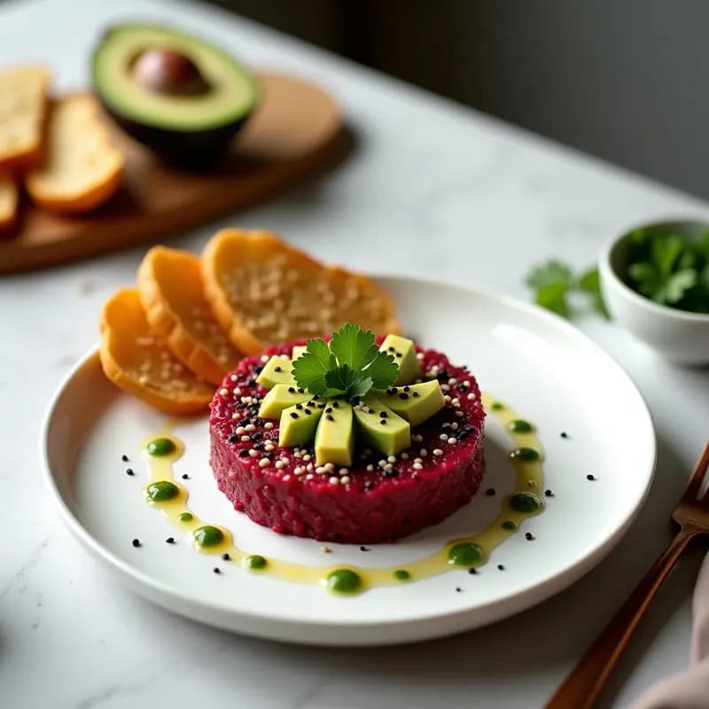 Tartare de Remolacha y Aguacate: Receta Francesa Crudivegana con Pan de Sésamo