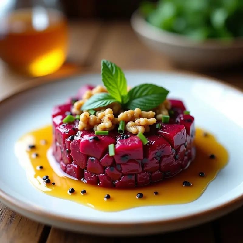 Tartare de Remolacha y Nueces con Vinagreta de Vinagre de Sidra: Receta Vegana Sin Cocinar