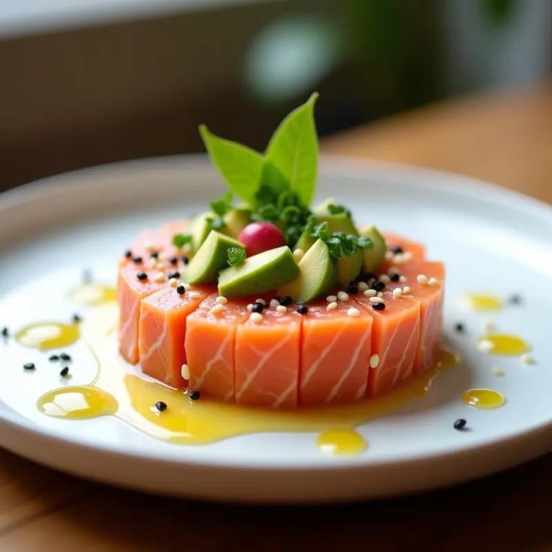 Tartare de Salmón con Aguacate y Aceite de Sésamo: Entrante Francés Async Rápido y Fresco