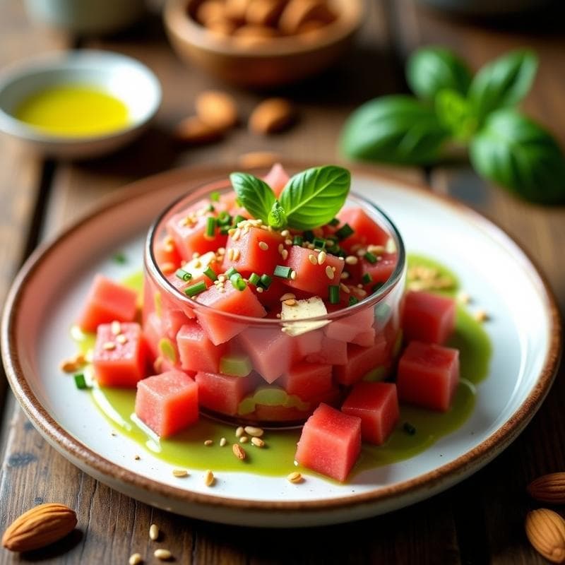 Tartare de Sandía y Queso de Almendras con Vinagreta de Albahaca: Receta Crudivegana Alta en Antioxidantes