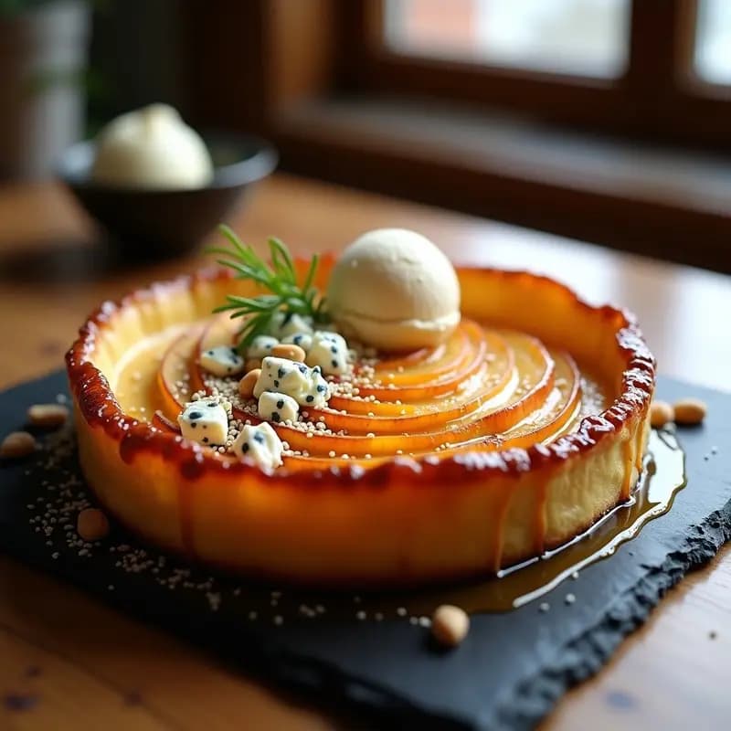Tarte Tatin de Manzana y Misozuke: Postre Francés-Japonés Fusion con Queso Azul