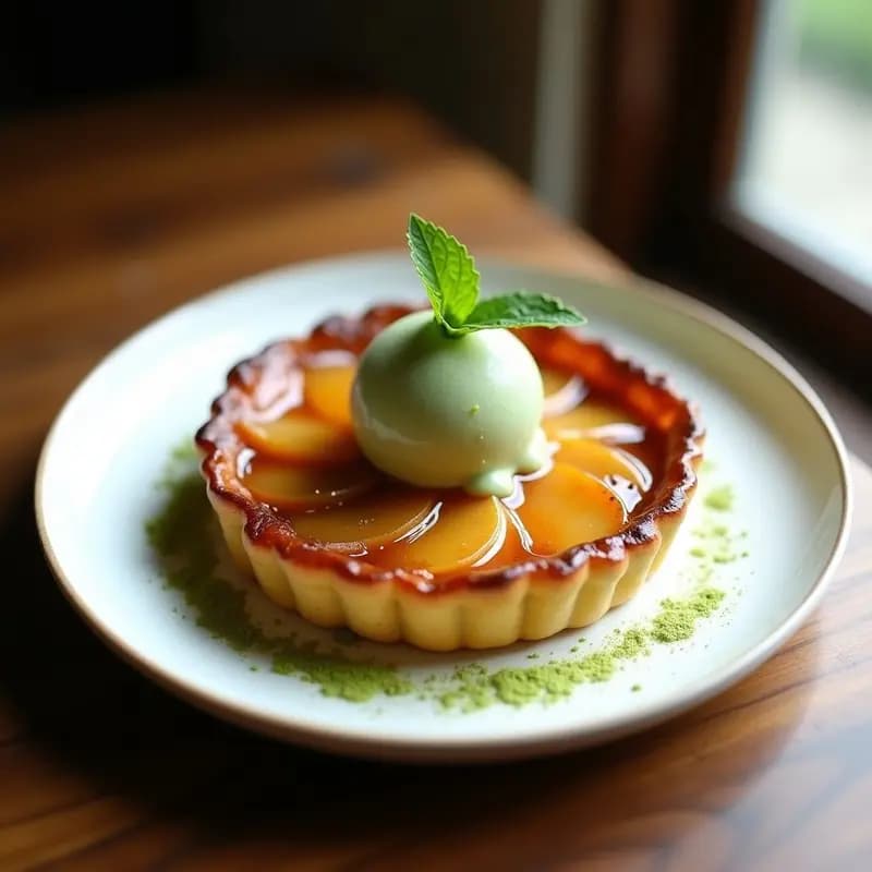 Tarte Tatin de Peras y Caramelo de Miso: Postre Francés-Japonés con Helado de Matcha