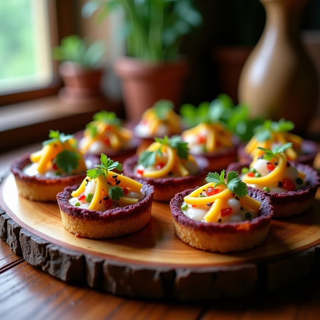 Tartelettes de Maíz Púrpura con Relleno de Ceviche de Palmito: Entrante Brasil-Peruano Crujiente