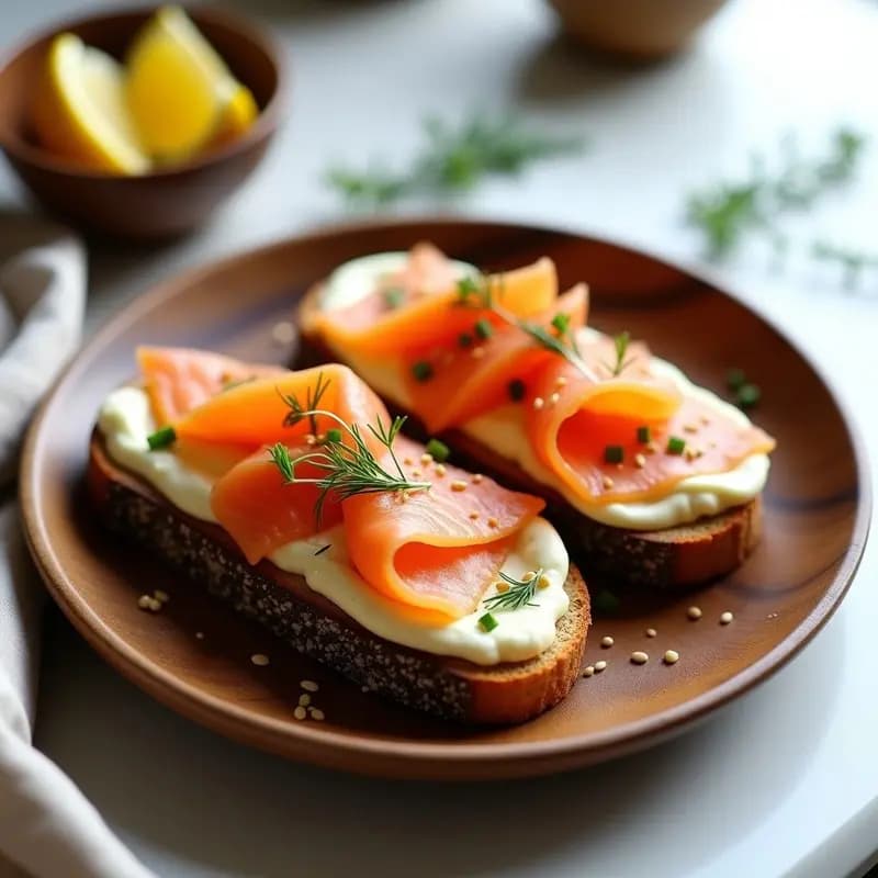 Tartinas de Pan de Centeno con Smørrebrød de Salmón: Desayuno Danés Proteico
