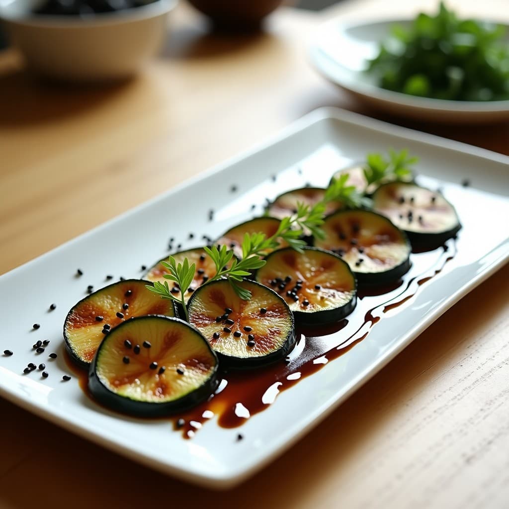 Tataki de Calabacín y Berenjena con Vinagreta de Sésamo Negro: Entrante Japonés Vegano y Sin Gluten