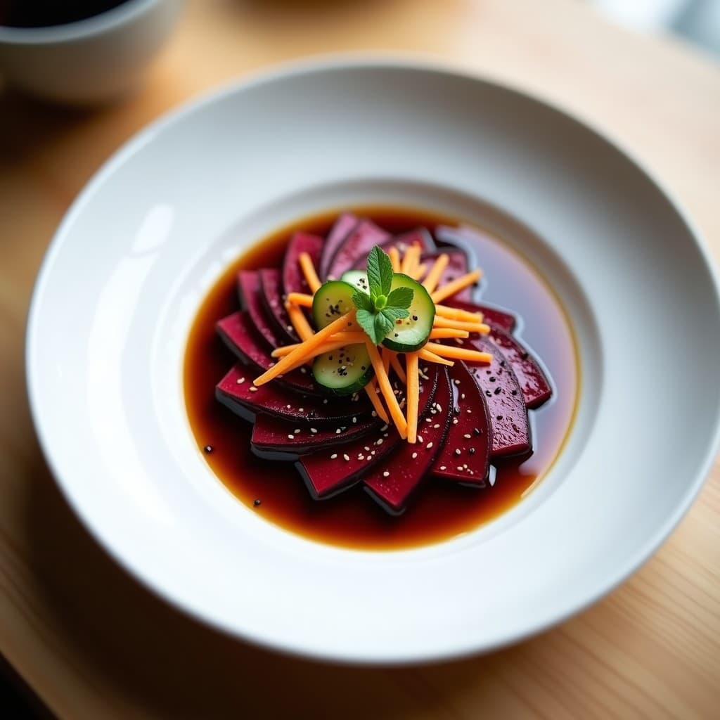 Tataki de Remolacha y Encurtidos con Vinagreta de Miso: Entrante Japonés Vegano