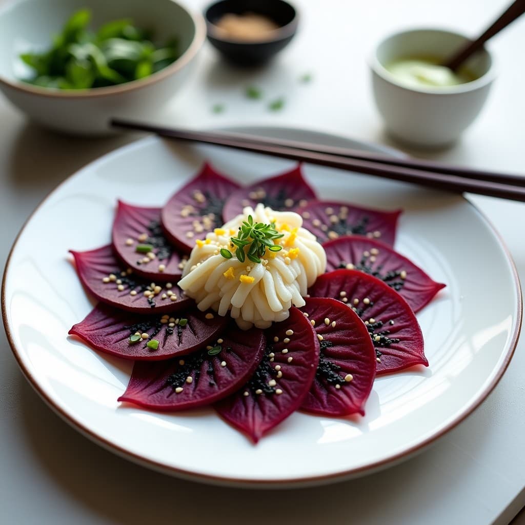 Tataki de Remolacha y Raíz de Loto con Salsa Wasabi: Receta Vegana Japonesa en 15 Minutos