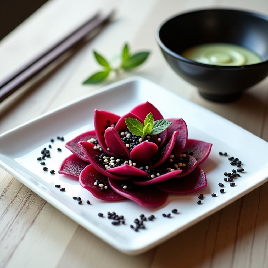 Tataki de Remolacha y Raíz de Loto: Entrante Japonés Crudivegano con Aderezo de Wasabi