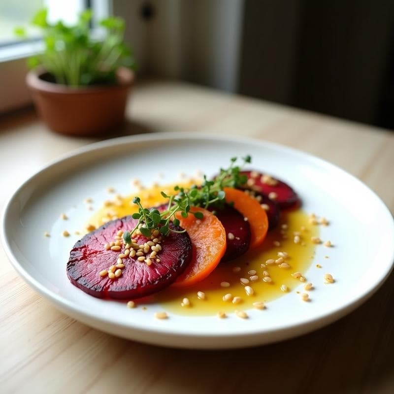 Tataki de Remolacha y Zanahoria: Receta Vegana con Vinagreta de Sésamo y Limón