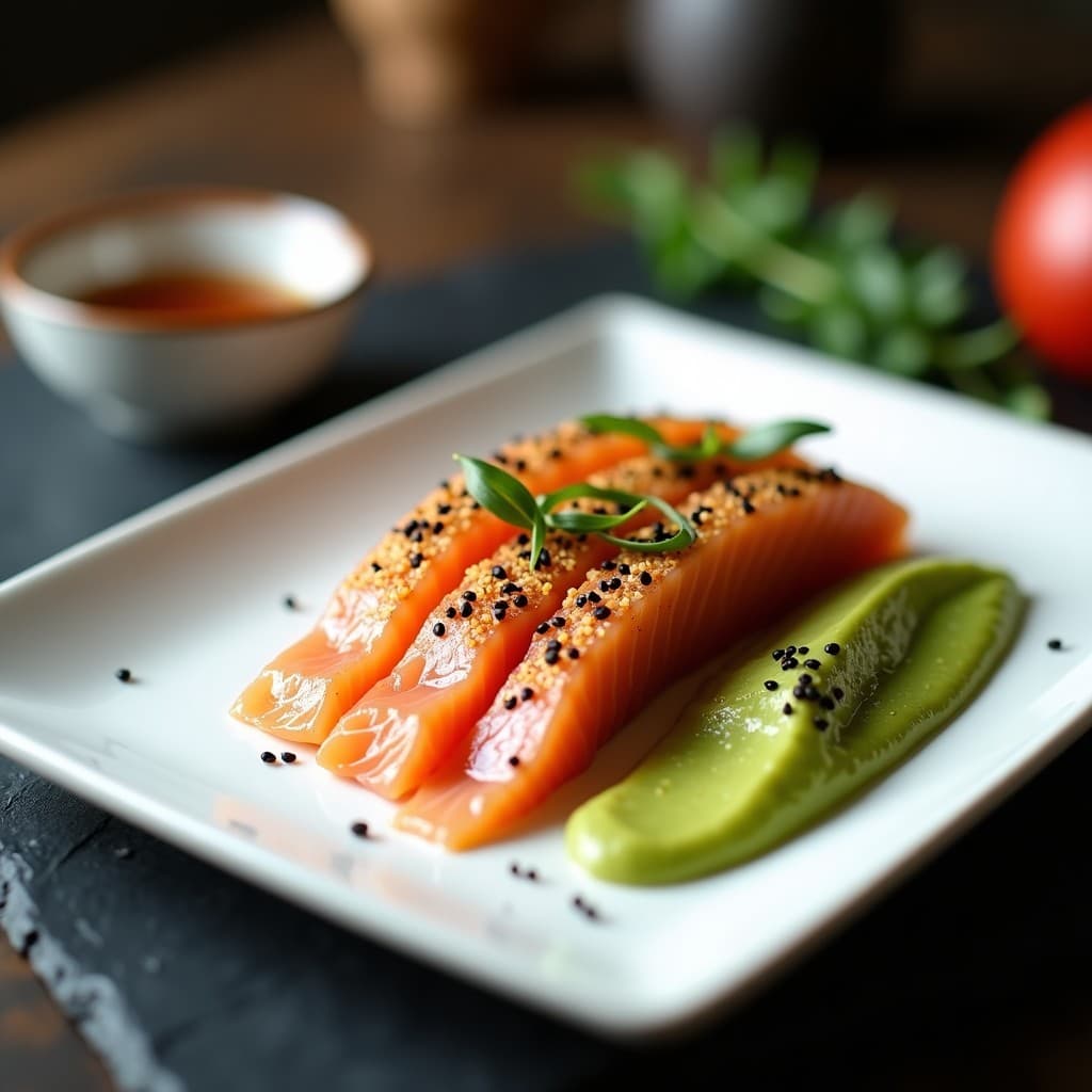 Tataki de Salmón con Costra de Especias y Puré de Aguacate: Receta Japonesa Gourmet