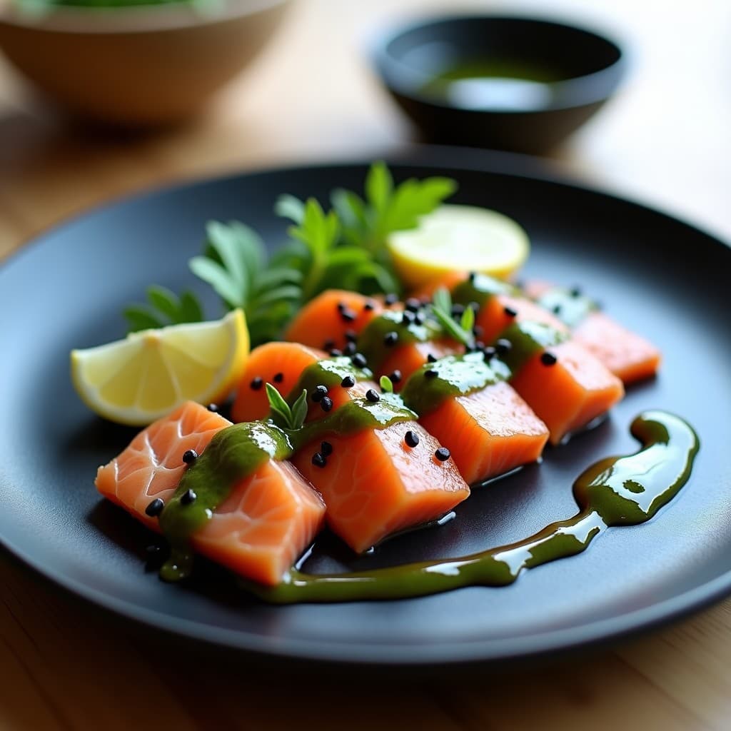 Tataki de Salmón con Pesto de Cilantro y Salsa de Soja Reducida: Receta Japonesa Keto