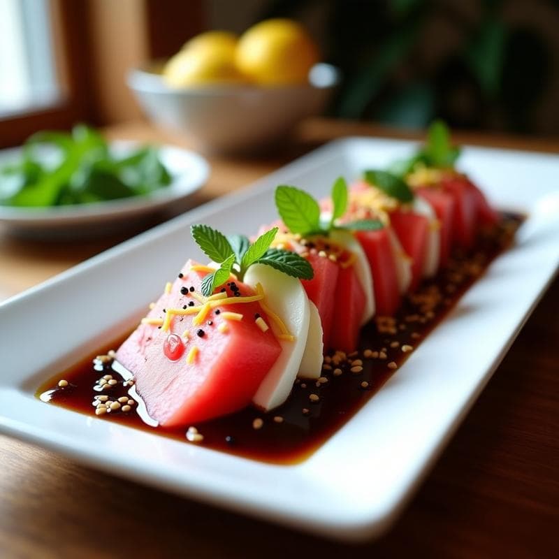 Tataki de Sandía y Queso Feta: Aperitivo Griego con Reducción de Vinagre Balsámico