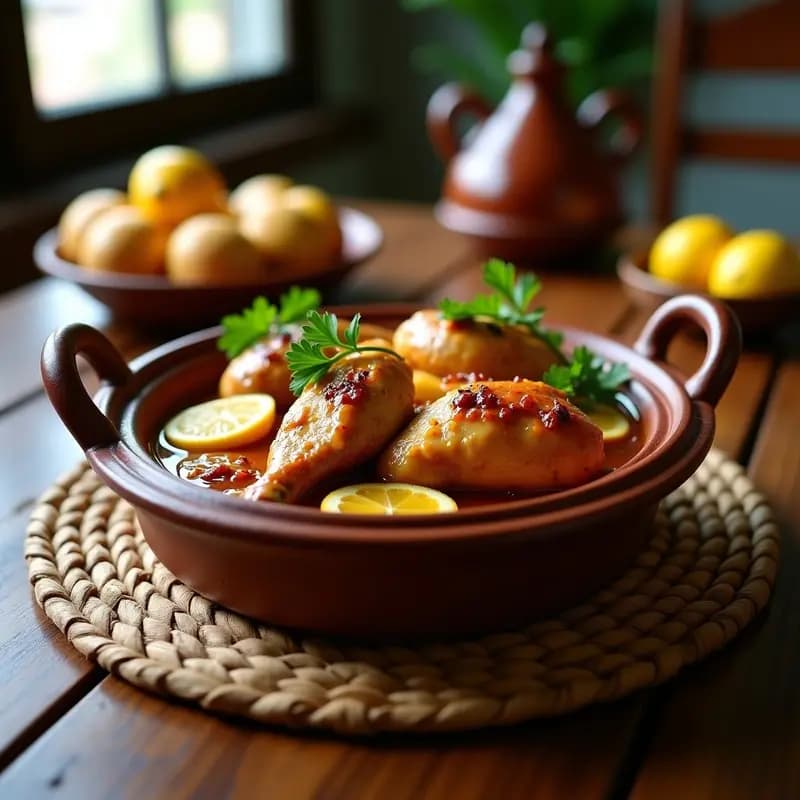 Tatim de Pollo con Limones Confitados y Azafrán: Receta Marocí en Cazuela de Barro Lento