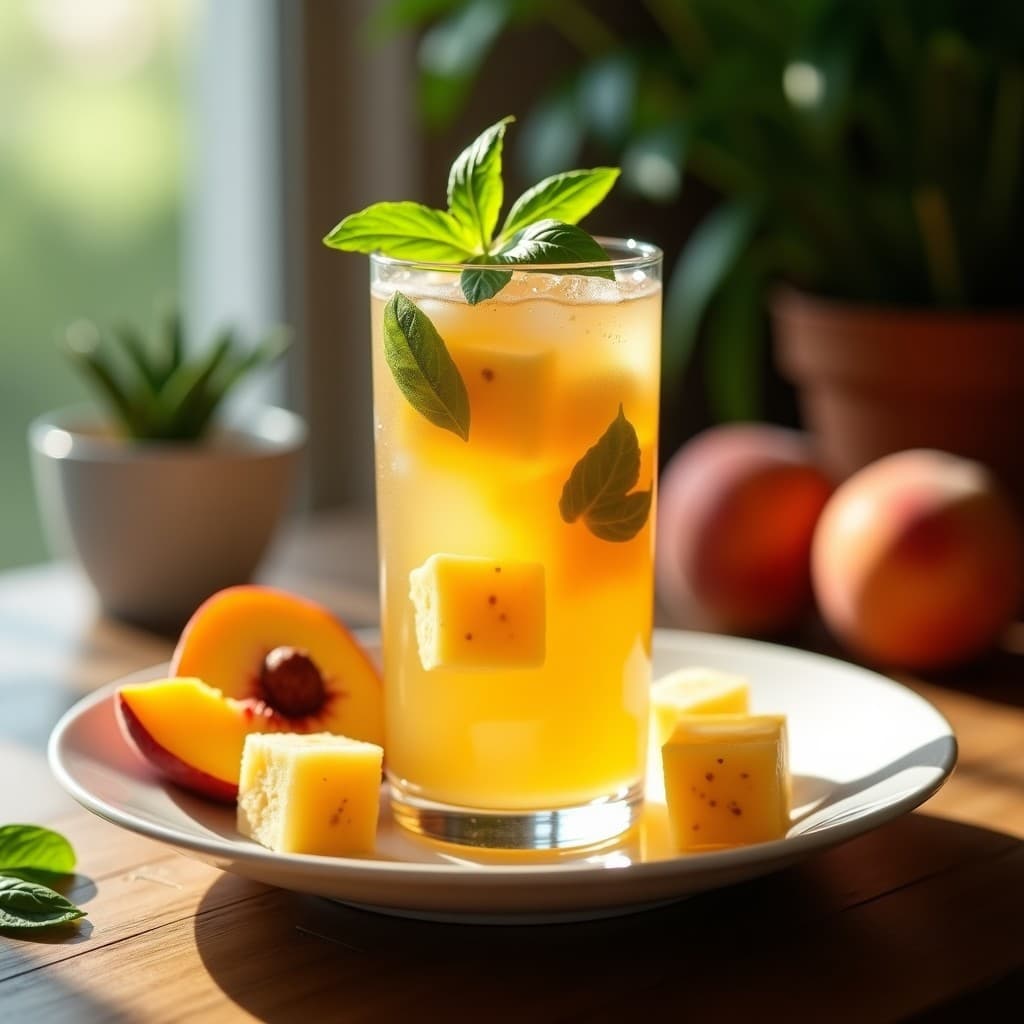 Té Frío de Melocotón y Albahaca con Hielo de Jengibre: Bebida Refrescante Sin Azúcar