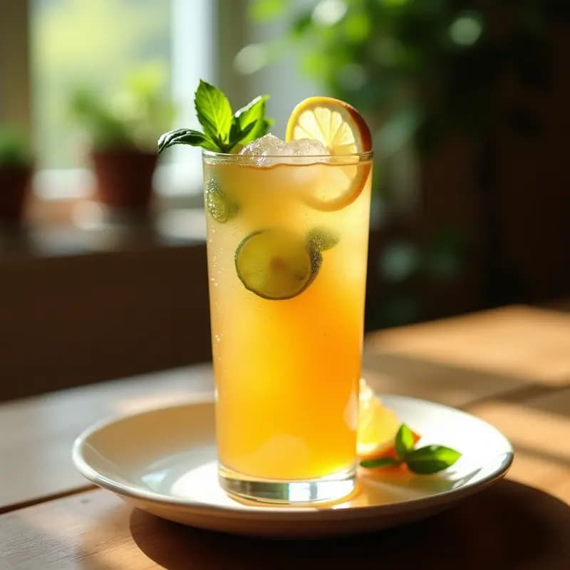 Té Glaseado de Melocotón y Albahaca con Burbujas de Lima: Bebida de Verano Italo-Griega