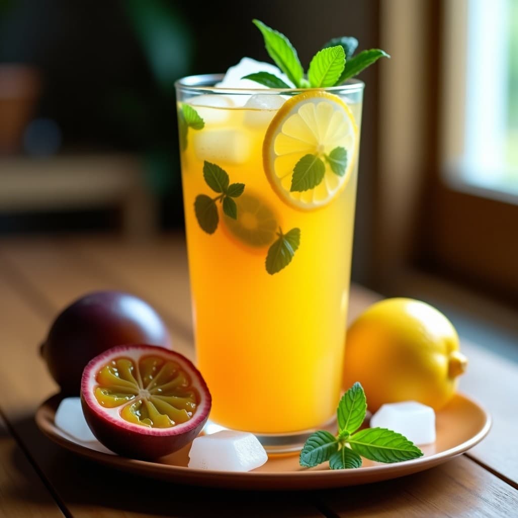 Té Helado de Maracuyá y Limón con Hojas de Menta: Bebida tropical Sin Azúcar en 10 Minutos