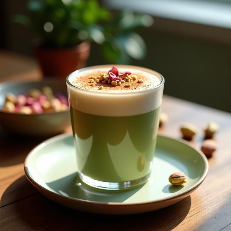 Té Matcha Latte con Leche de Pistacho y Esencia de Rosa: Bebida Persa Gourmet
