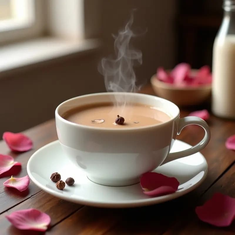 Té Caliente de Última Rosa y Clavo con Leche de Avellanas: Bebida Iraní Relajante Sin Cafeína