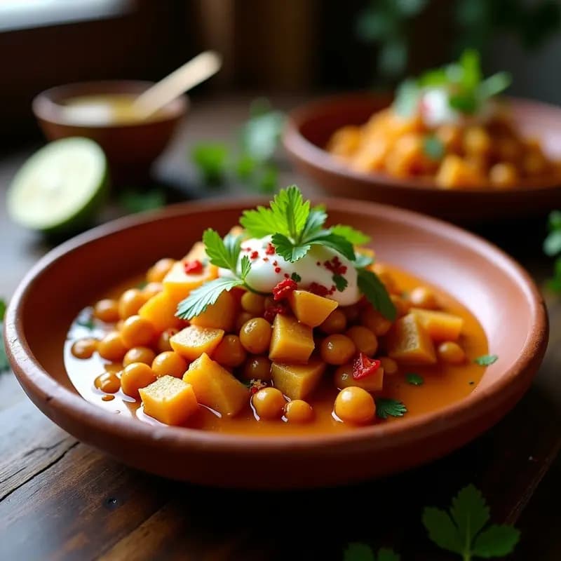 Teen Patti Chaat: Bocados Indios de Patata y Garbanzo con Salsa de Tamarindo