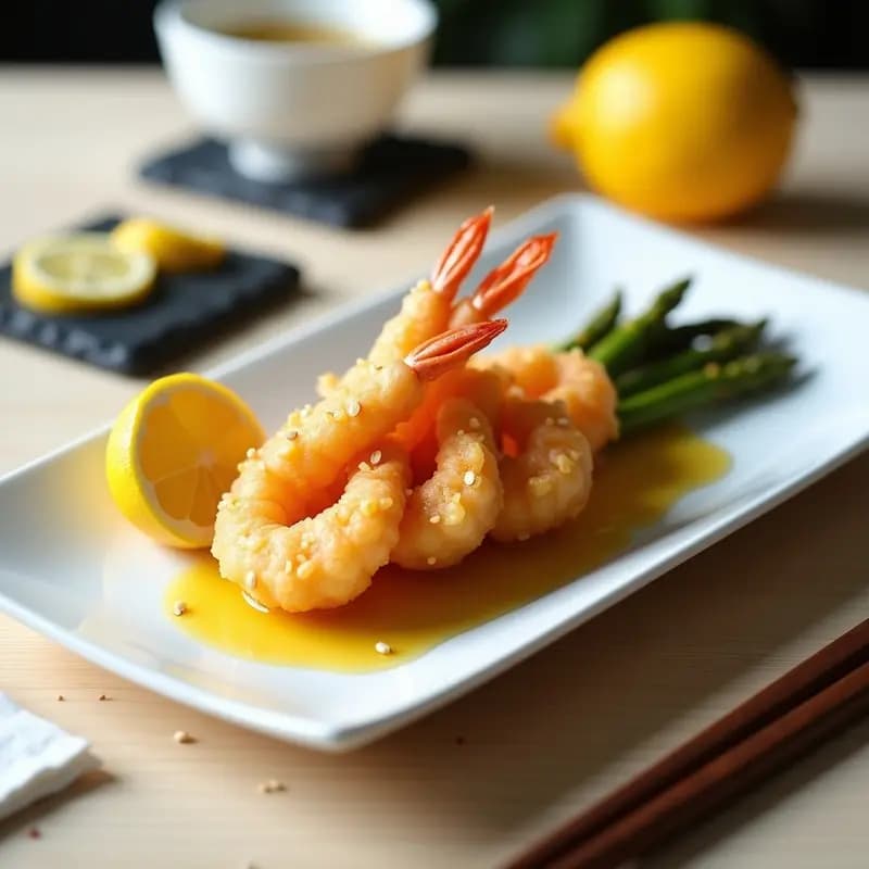 Tempura de Camarones y Espárragos con Salsa de Limón Yuzu: Entrante Japonés Crujiente
