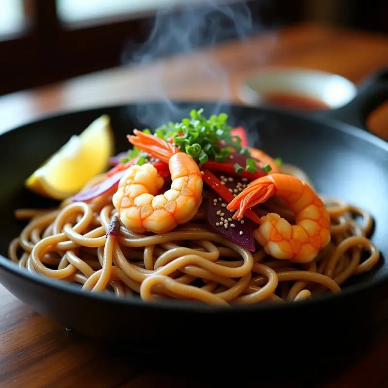 Teppanyaki de Camarones y Fideos Soba: Receta Japonesa en Sartén de Hierro
