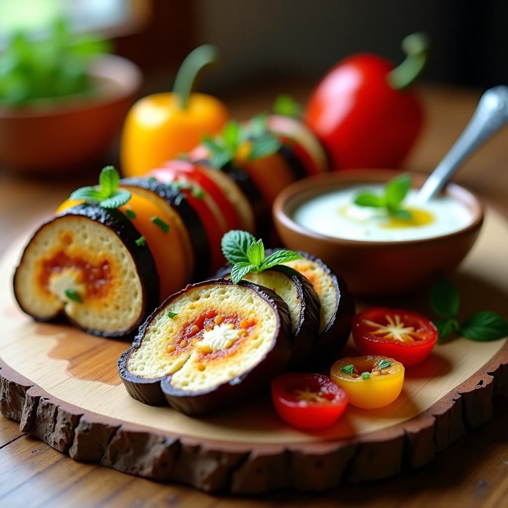 Terrina de Berenjena y Pimientos Asados con Salsa de Yogur y Menta: Entrante Vegetariano Sin Gluten