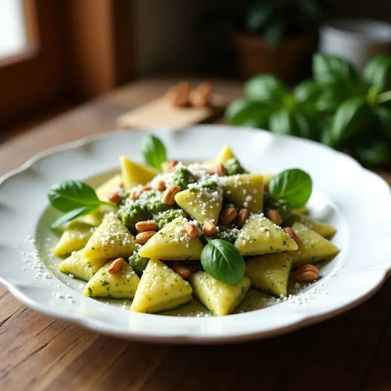 Testaroli con Pesto Genovés: Pasta Italiana Tradicional sin Huevo y Sin Gluten