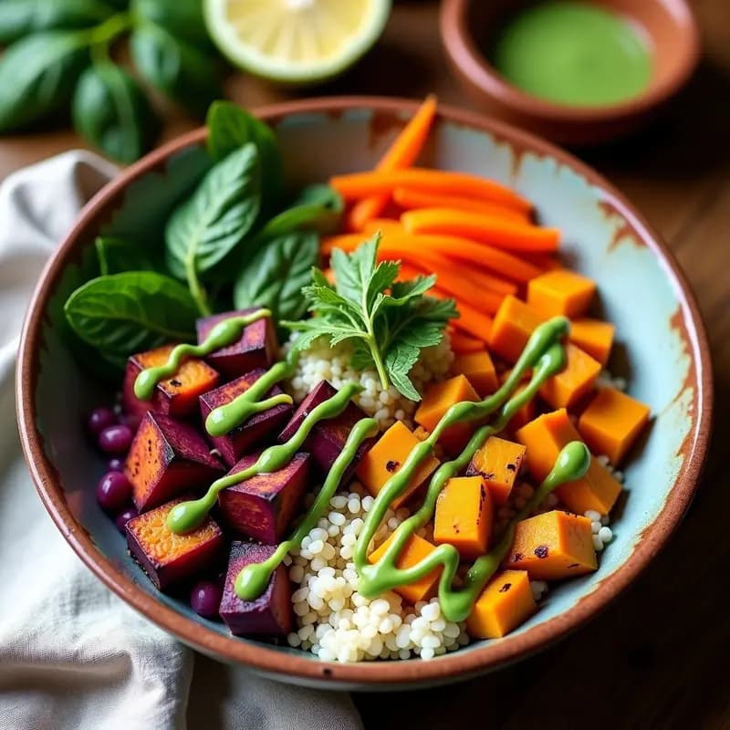 Tierras Coloridas de Quinoa y Vegetales: Bowl Peruano con Aderezo de Huacatay