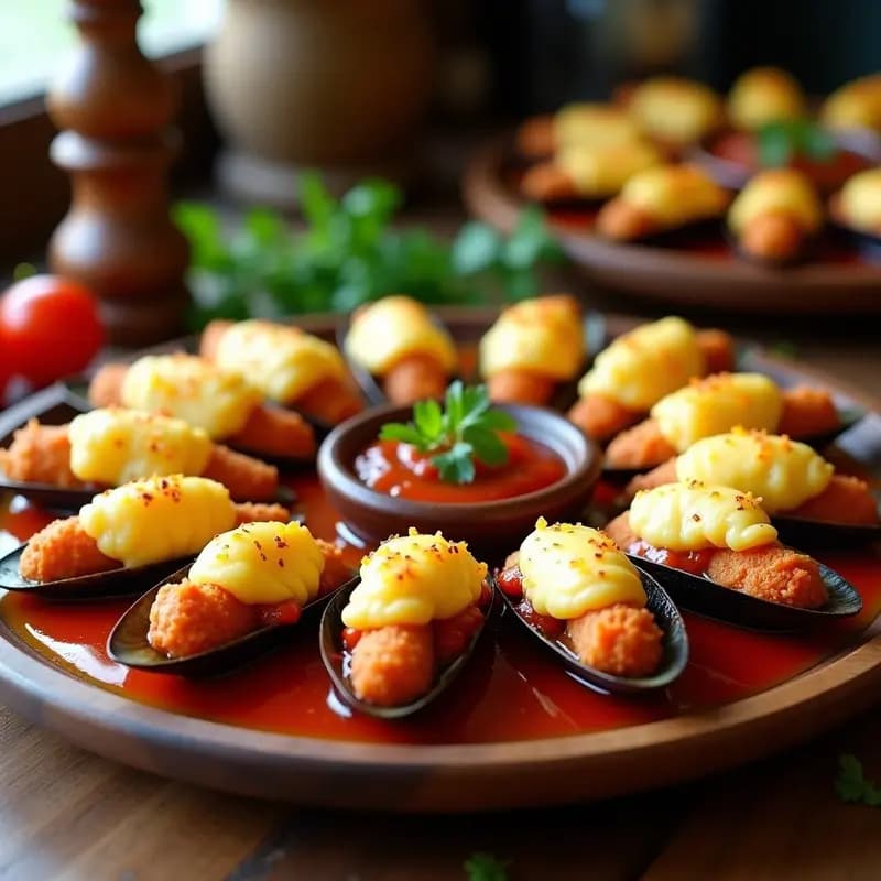 Tigres Rellenos: Mejillones en Salsa PICANTE al Horno con Pẽa Colada