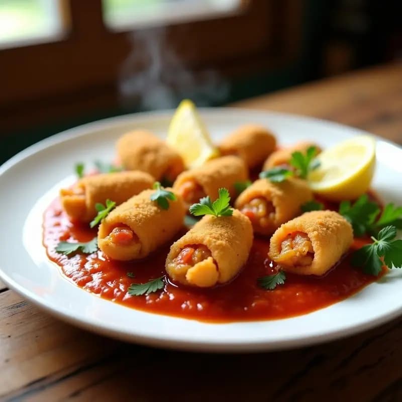 Tigres rellenos: Mejillones empanados con su propia carne y salsa de tomate