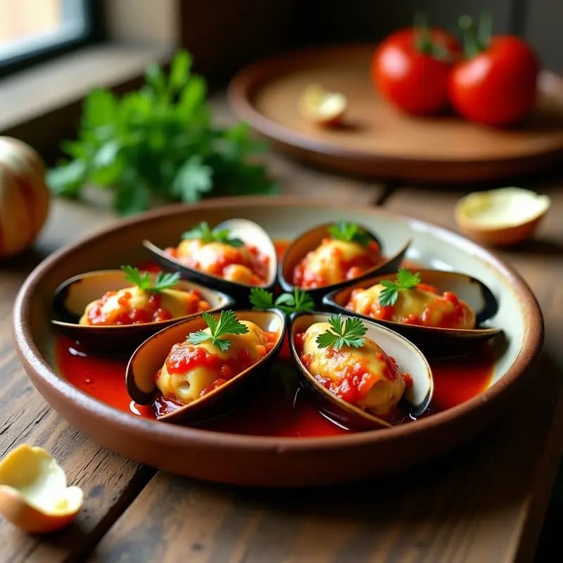 Tigres en Salsa: Mejillones Rellenos en Salsa de Tomate y Ajo con Toque picante