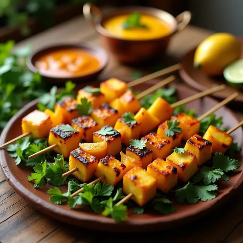 Tikkas de Paneer y Piña con Salsa de Mango: Receta India Vegetariana a la Parrilla