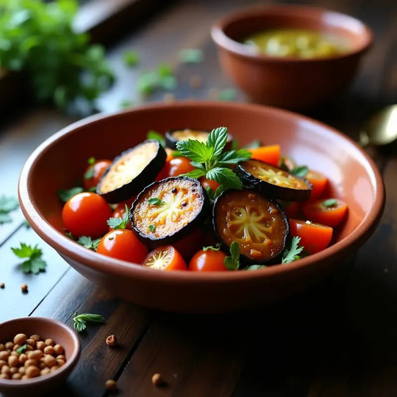 Tikta Alouria Marroquí: Ensalada de Berenjena y Tomate con Vinagreta de Limón y Ajo
