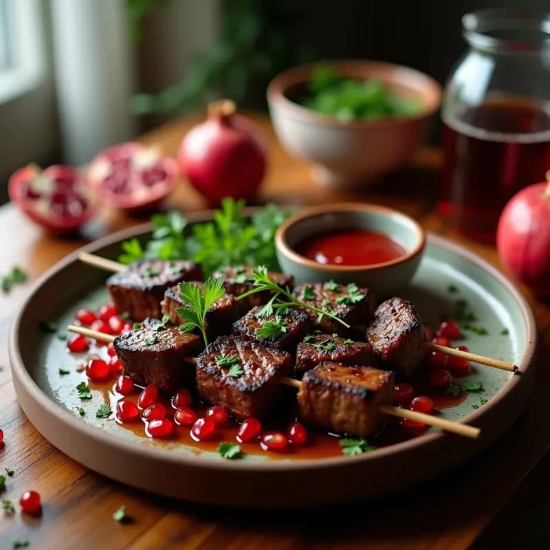 Tikz Toki Georgiano: Brochetas de Ternera Marinada con Granado y Hierbas Frescas