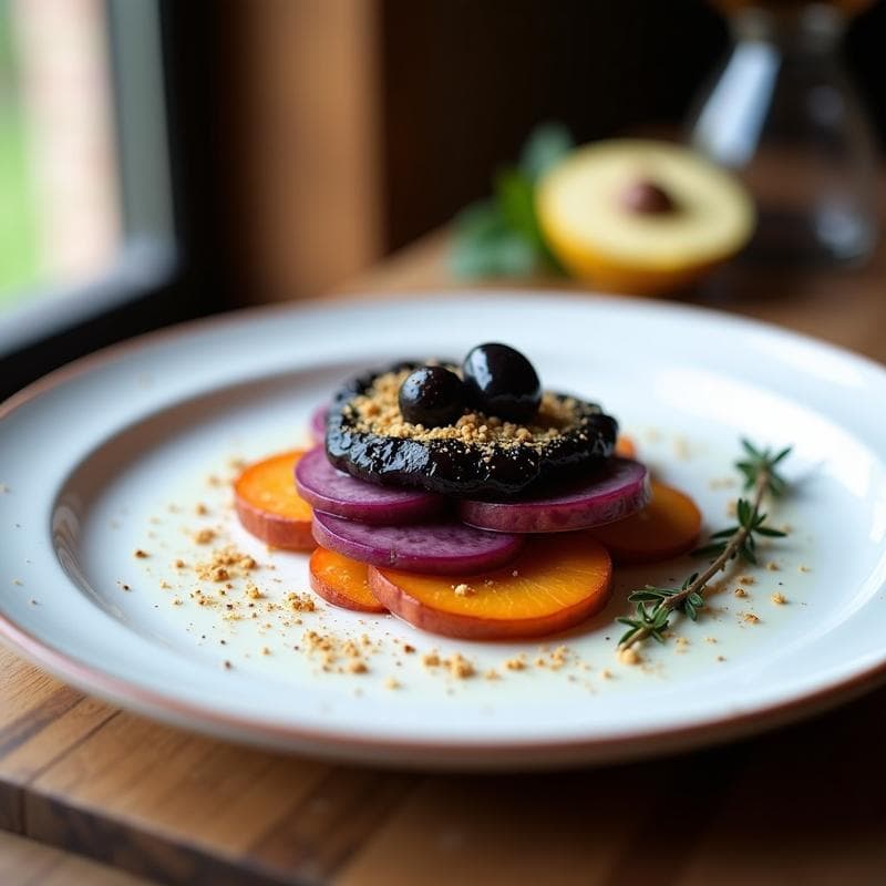 Timbal de Batata Morada y Puré de Aceitunas Kalamata con Polvo de Hierbas de Provenza: Entrante Francés