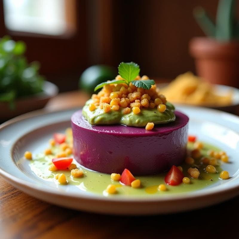 Timbal de Puré de Ñame Morado y Guacamole con Crujiente de Maíz: Entrante Mexicano Vegano