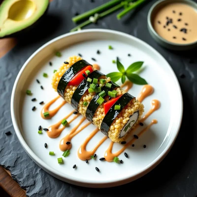 Timbal de Quinoa y Algas Nori: Entrante Japonés Vegano con Salsa de Sésamo y Lima