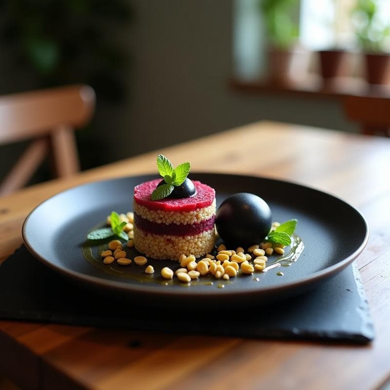 Timbal de Quinoa y Remolacha con Helado de Ajo Negro: Entrante Vanguardia Española