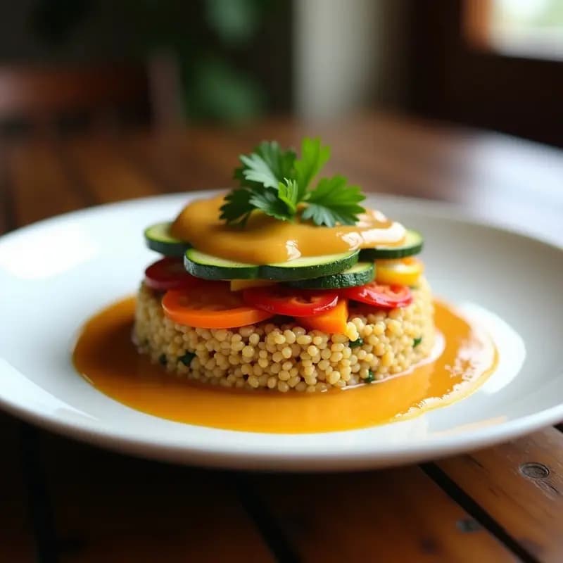 Timbal de Quinua y Verduras: Receta Boliviana Vegana con Salsa de Maní y Ají